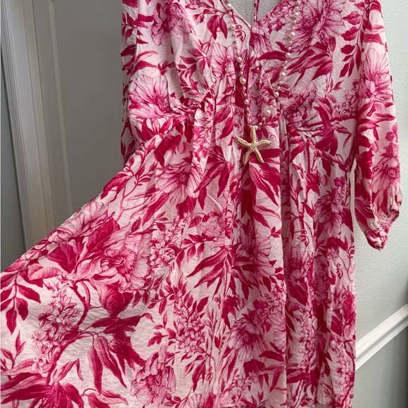 H&M Pink and White Floral summer Dress babydoll knee length v-neck long sleeve - Picture 7 of 12